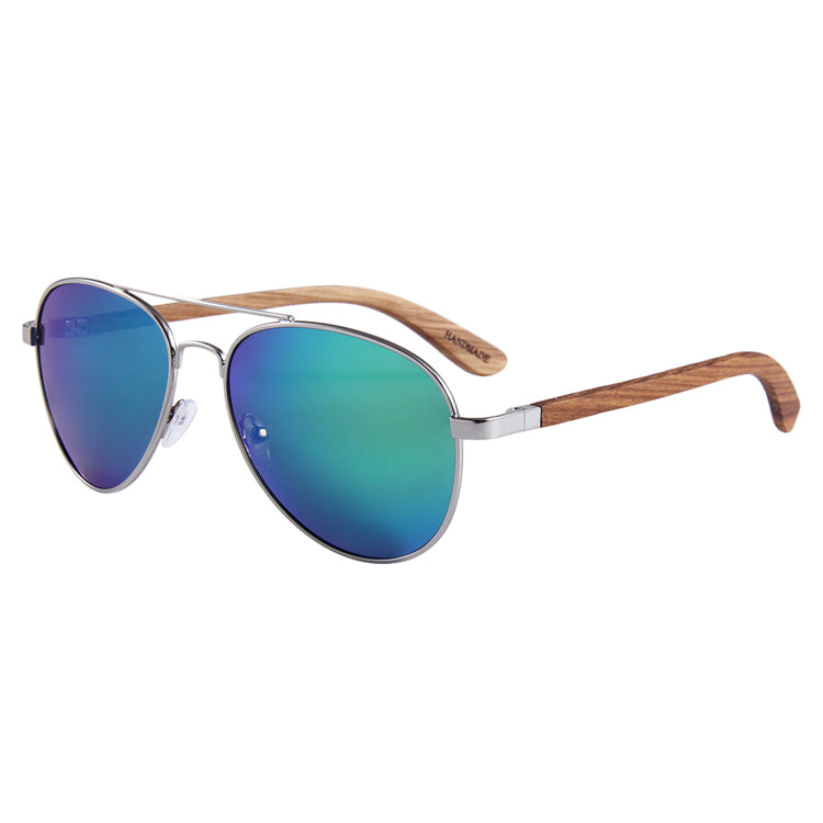 Aviator Zebra Wood Sunglasses Aviator Style with Green Polarized Lens