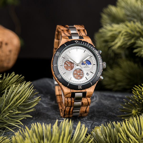 Aspen Chronograph Moonphase Zebra Wood Watch