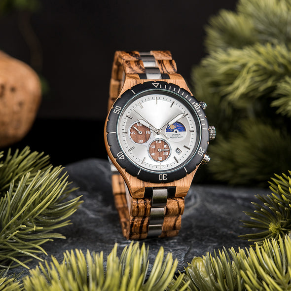 Aspen Chronograph  Moonphase Zebra Wood Watch